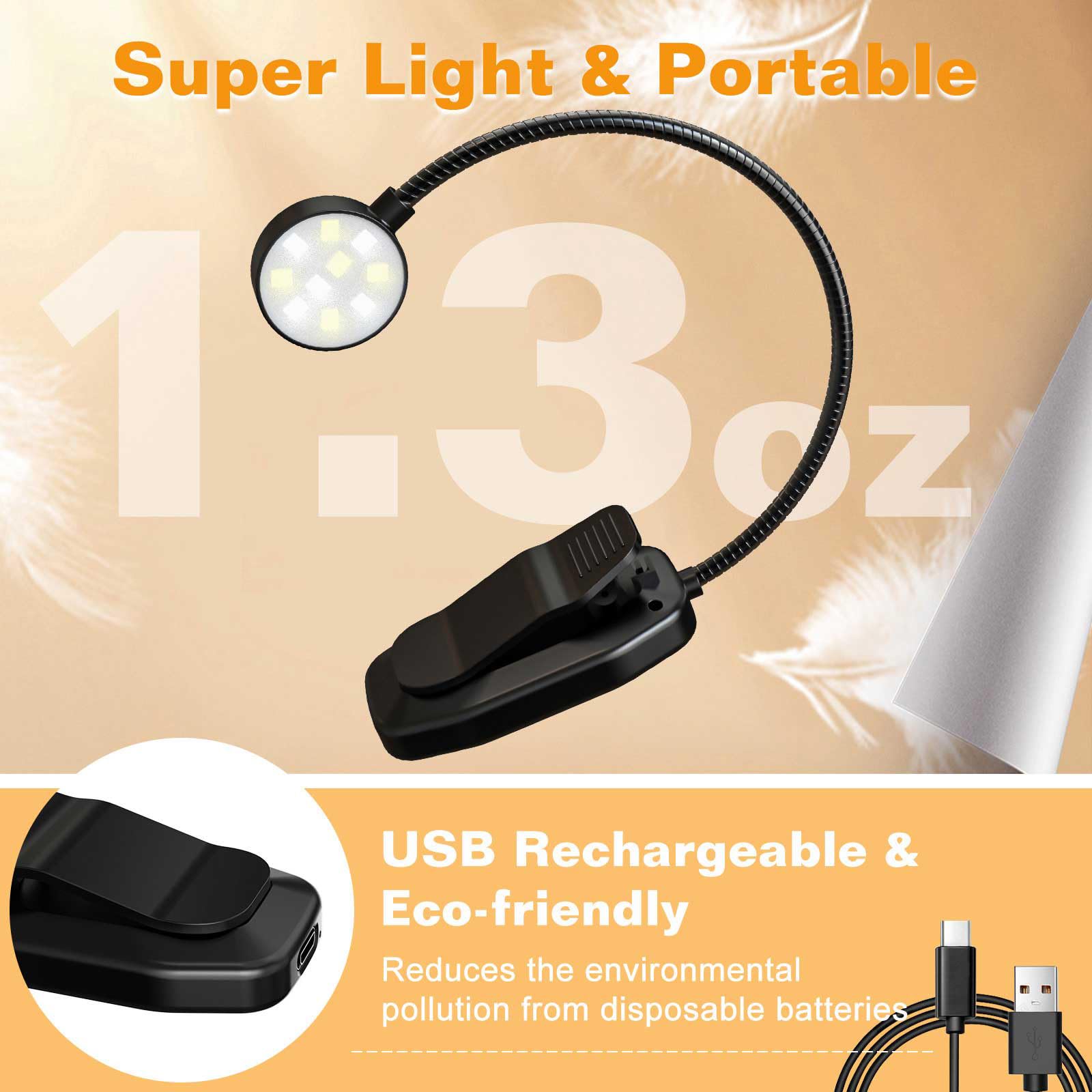 KTEBO Rechargeable Book Reading Light Lamp, LED Book Light for Reading in Bed - Eye Caring Adjustable Brightness 3 Color Temperatures 20+ Hours Runtime, Type-C Book Light Clip on,Christmas Gifts